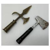 Vintage Heavy Brass Flag Topper 9 1/2" And Small Hatchet 8 1/2"