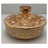 Vintage Bohemian Pink Cased Glass Gilded Enameled Candy Dish With Lid 7 1/2" x 5"