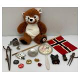 Misc. Vintage Collectibles IncludingBycycle Speedometer, Automobile License Plate Reflectors, Scottie Dog Head Wall hanging And more