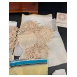 Vintage Wooden Keepsake Box & Assorted Embroidered Linens Mixed Lot