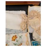 Vintage Wooden Keepsake Box & Assorted Embroidered Linens Mixed Lot