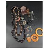 Vintage Mixed Jewelry Lot With Bakelite, Beaded Necklaces, Brooches & Pins