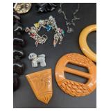 Vintage Mixed Jewelry Lot With Bakelite, Beaded Necklaces, Brooches & Pins