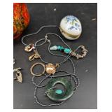 Mixed Lot: Beaded Necklaces, Brooches & Enamel Boxes