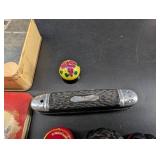 Vintage Tin Collectibles, Knife & Small Figurines Mixed Lot