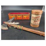 Vintage Edison Gold Moulded Records Cylinder & Painted Wooden Pieces Mixed Lot