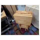 Set of 4 Folding Wood TV Tray Tables w/ Storage Rack Natural Finish