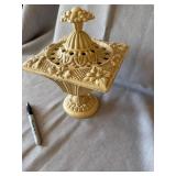 Hen-Feathers Cast Iron Lidded Urn Ivory Floral Pierced Decor VG