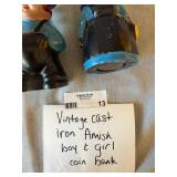 Vintage Cast Iron Amish Boy & Girl Figural Coin Bank Pair Painted