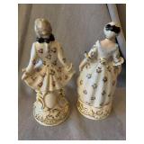 Pair Porcelain Colonial Gentleman Lady Figurines 7 in Floral Gilt