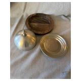 Vintage Pewter Lidded Butter Dish Web Pattern 1180 Wood Base