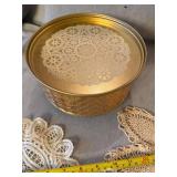 Guildcraft MCM Gold Tone Tin Box w Lid & 2 Vintage Doilies Lot