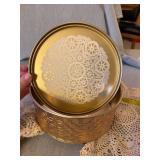 Guildcraft MCM Gold Tone Tin Box w Lid & 2 Vintage Doilies Lot