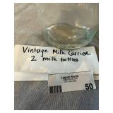 Vintage Wire Milk Bottle Carrier w/ 2 Glass Bottles Wood Handle Good
