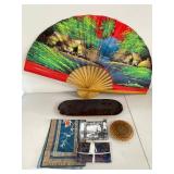 Decorative Wall Fan Carved Wood Tray Round Plaque and Textile Accessories Lot