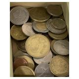 Decorative Mirrored Keepsake Box w/ Mixed World Coins & Currency Lot
