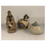 Decorative Art Sculpture Lot Stone Family & Ceramic Bird Figures 3pc