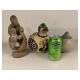 Decorative Art Sculpture Lot Stone Family & Ceramic Bird Figures 3pc