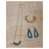 Rlm China Turquoise Jewelry Lot of 3 - Necklace, Earrings & Inlay Cuff