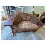 Mission Style Upholstered Loveseat Oak Frame Slat Arms Good Cond