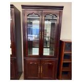 Traditional Lighted Curio China Cabinet Cherry Finish Glass Doors