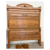 Antique Oak Full Size Bed Frame Carved Floral Headboard 56in Wide