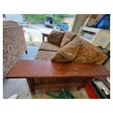 Mission Style Upholstered Loveseat Oak Frame Slat Arms Good Cond