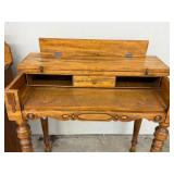 Antique Lift Top Writing Desk Side Table Wood Turned Legs 32in Wide