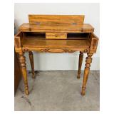 Antique Lift Top Writing Desk Side Table Wood Turned Legs 32in Wide