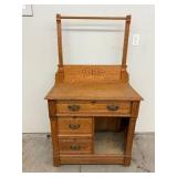 Antique Oak Washstand Vanity Cabinet w Towel Bar 31x17x48 Good