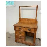Antique Oak Washstand Vanity Cabinet w Towel Bar 31x17x48 Good