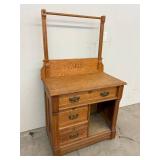 Antique Oak Washstand Vanity Cabinet w Towel Bar 31x17x48 Good