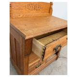Antique Oak Washstand Vanity Cabinet w Towel Bar 31x17x48 Good