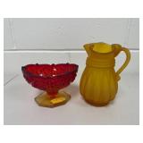 Lot Including John E Kemple Footed Bowl Compote & Frosted Amber Mini Pitcher Vtg
