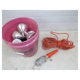 Work Light and Pail of Led Light Bulbs