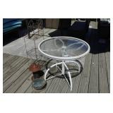 Outdoor Glass Top Table, Wire Rack and Bird Feeder