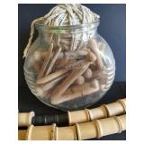 Wooden Spools, Vintage Wood Clothes PIns, Cotton String & Jar