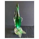 Murano-Style Emerald Green Art Glass Fish Vase
