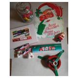 Christmas Lot - Vintage Santa Signs, Large Glass Jar With Ornaments, Etc