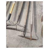 Large Lot of Rakes, Hoes & Shovels