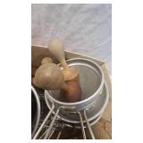 Lot of Several Colanders and Wooden Pestles