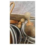 Lot of Several Colanders and Wooden Pestles