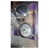 Stainless and aluminum pots, colander