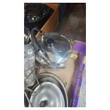 Stainless and aluminum pots, colander
