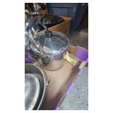 Stainless and aluminum pots, colander
