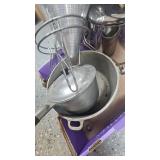 Stainless and aluminum pots, colander