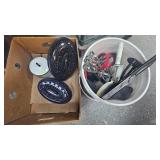 Enamelware Pot, Roaster and Bucket of Utensils, Silverware