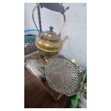 Brass Hanging Tea Pot and Glass Vase
