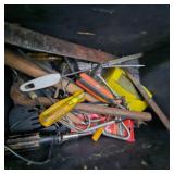 Wood Tool Box with Misc Tools and Jumper Cables