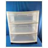 This is a Sterilite 3-Drawer Wide Storage Cart featuring a white frame and clear drawers.